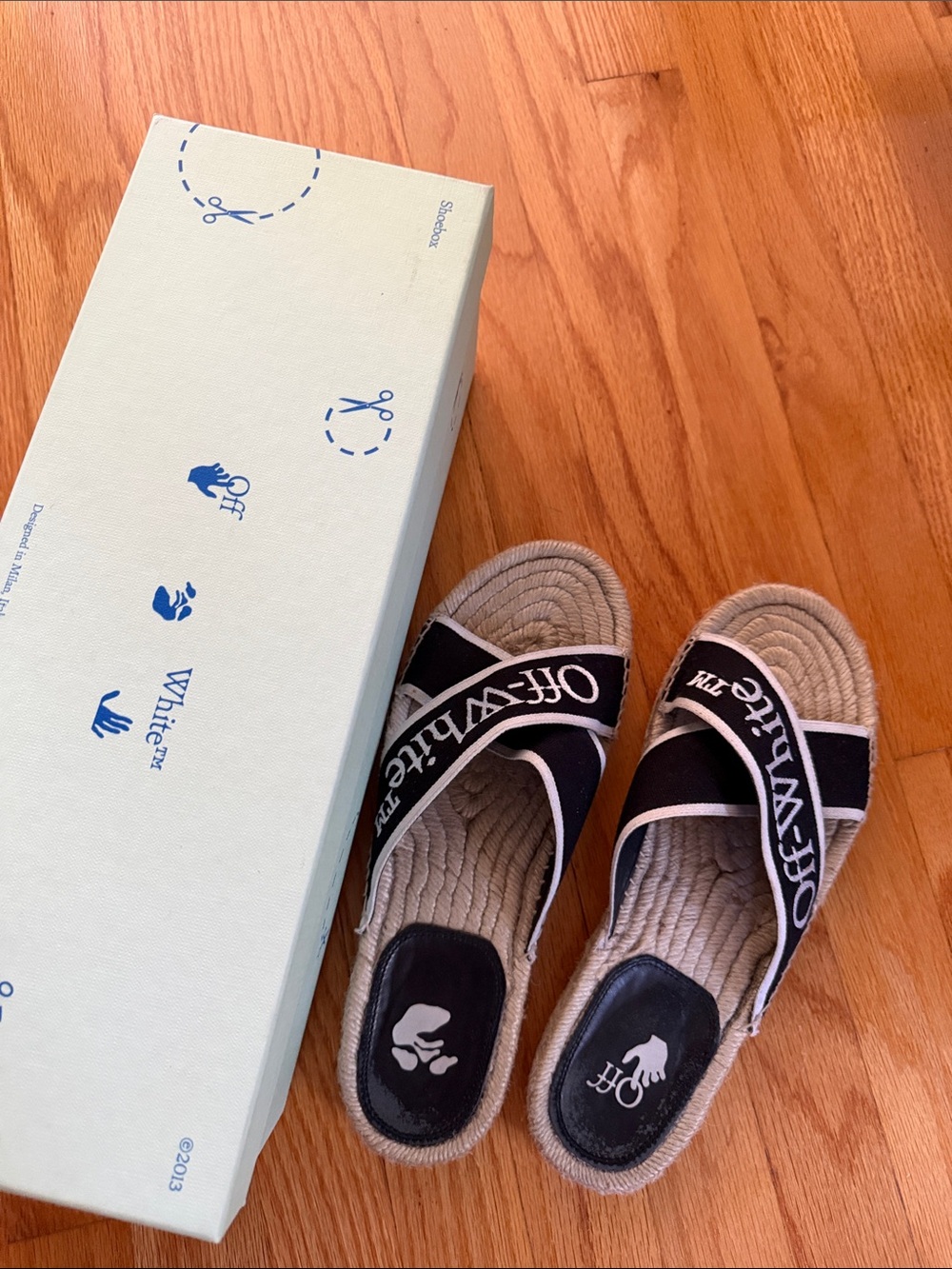 Off-White Black and Cream Braided Slide Sandals with original box